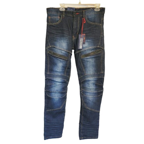 Smoke Rise Jeans Men 32x30 Blue Slim Fit Moto Biker Zipper Distressed Grunge NWT - Picture 2 of 10